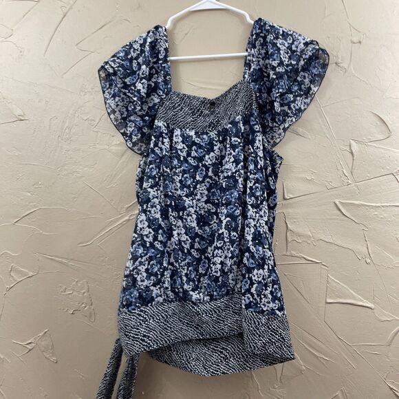 APT 9. Whimsy Tie Top Women L Floral Blue Flutter Sleeve Peasant Blouse Y2k Chic - Picture 10 of 16